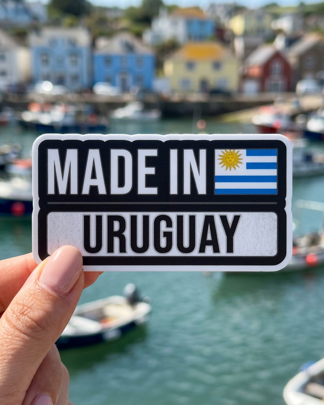 Pegatina Made in Uruguay con bandera sostenida en la mano, a tamaño real