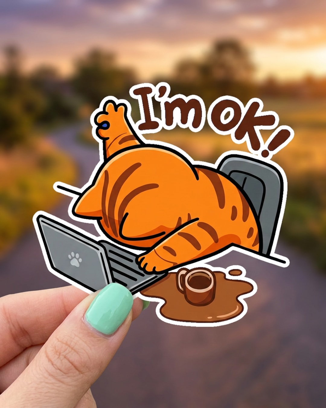 Pegatina Gato naranja estresado con portátil I'm ok! sostenida en la mano, a tamaño real