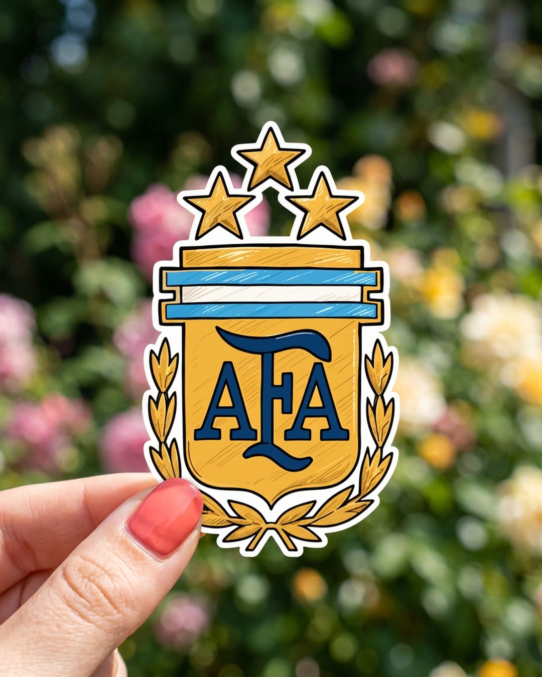 Pegatina Escudo Selección Argentina con 3 Estrellas sostenida en la mano, a tamaño real