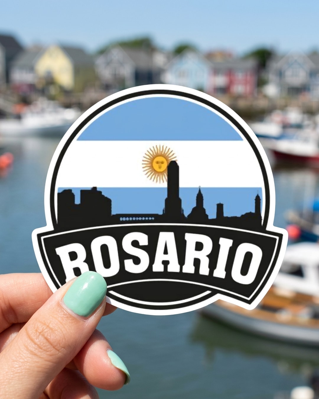 Pegatina Rosario con bandera argentina y silueta sostenida en la mano, a tamaño real