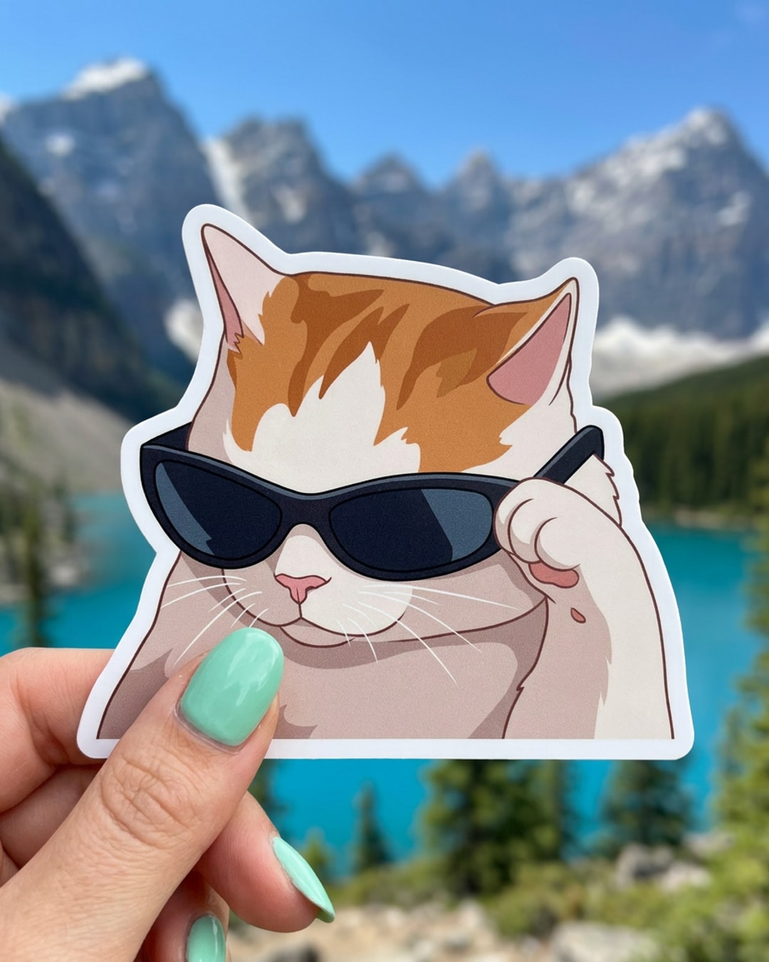Pegatina Gato Cool con Gafas de Sol sostenida en la mano, a tamaño real
