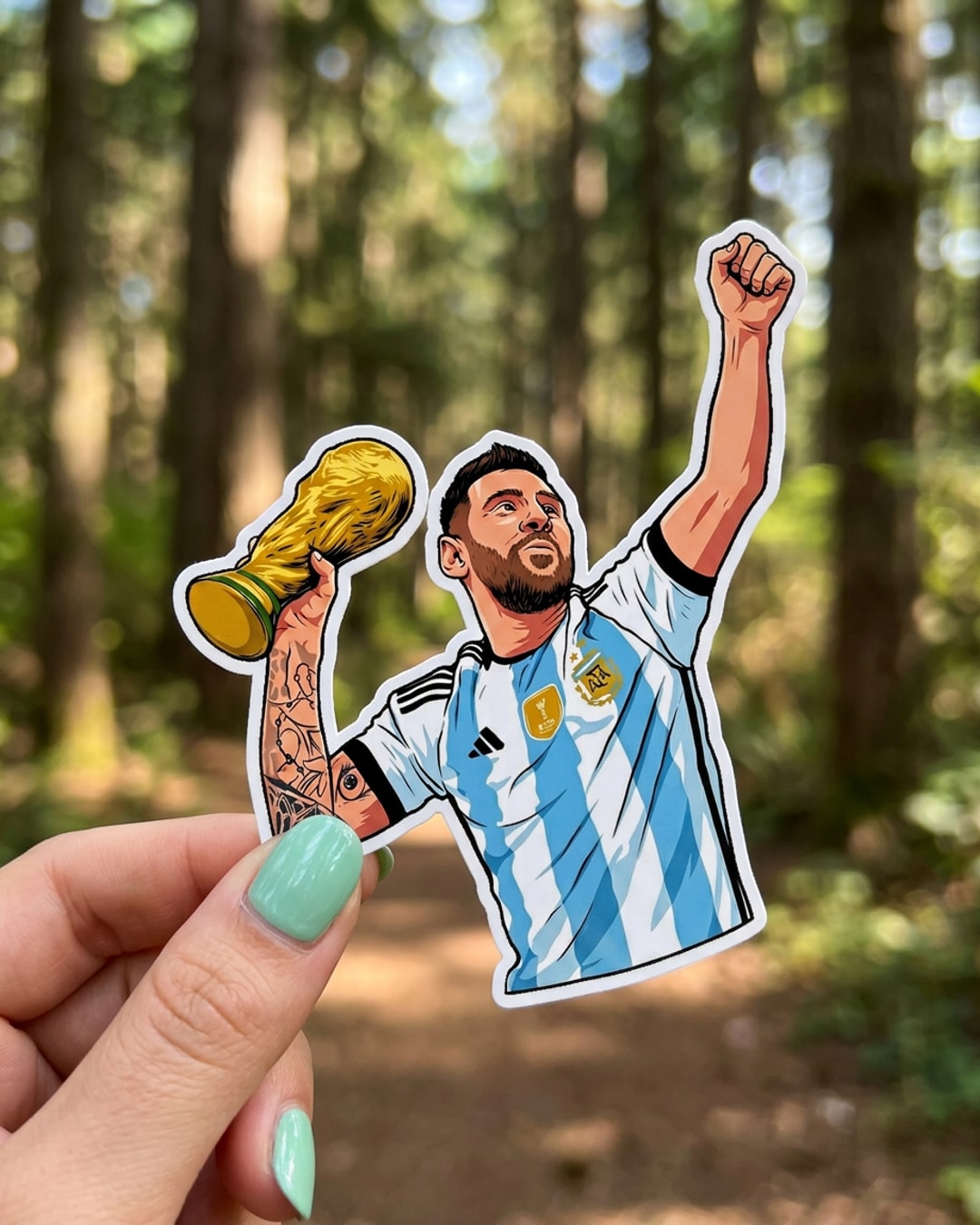 Pegatina Messi con la Copa del Mundo sostenida en la mano, a tamaño real