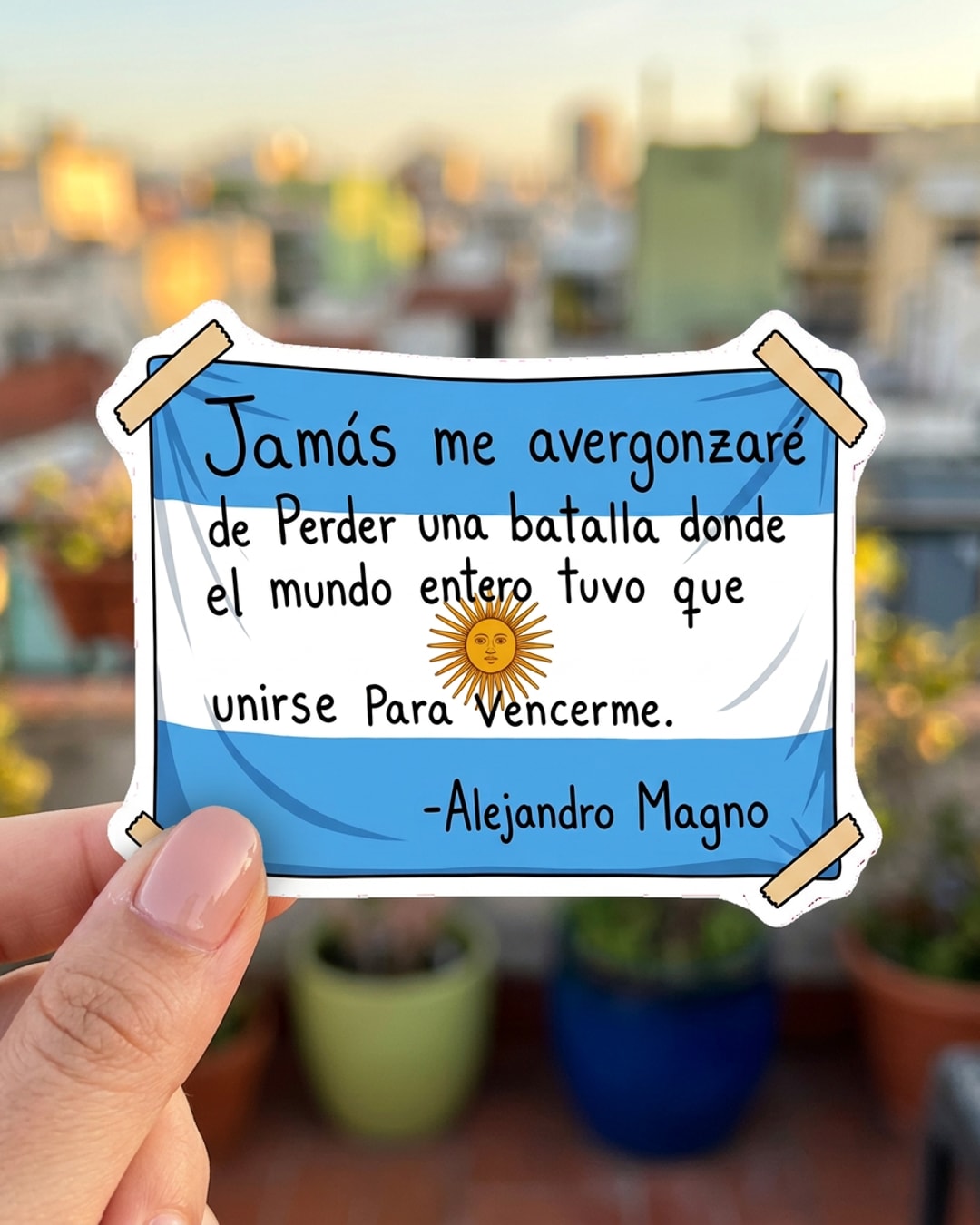 Pegatina Bandera Argentina con Frase de Alejandro Magno sostenida en la mano, a tamaño real