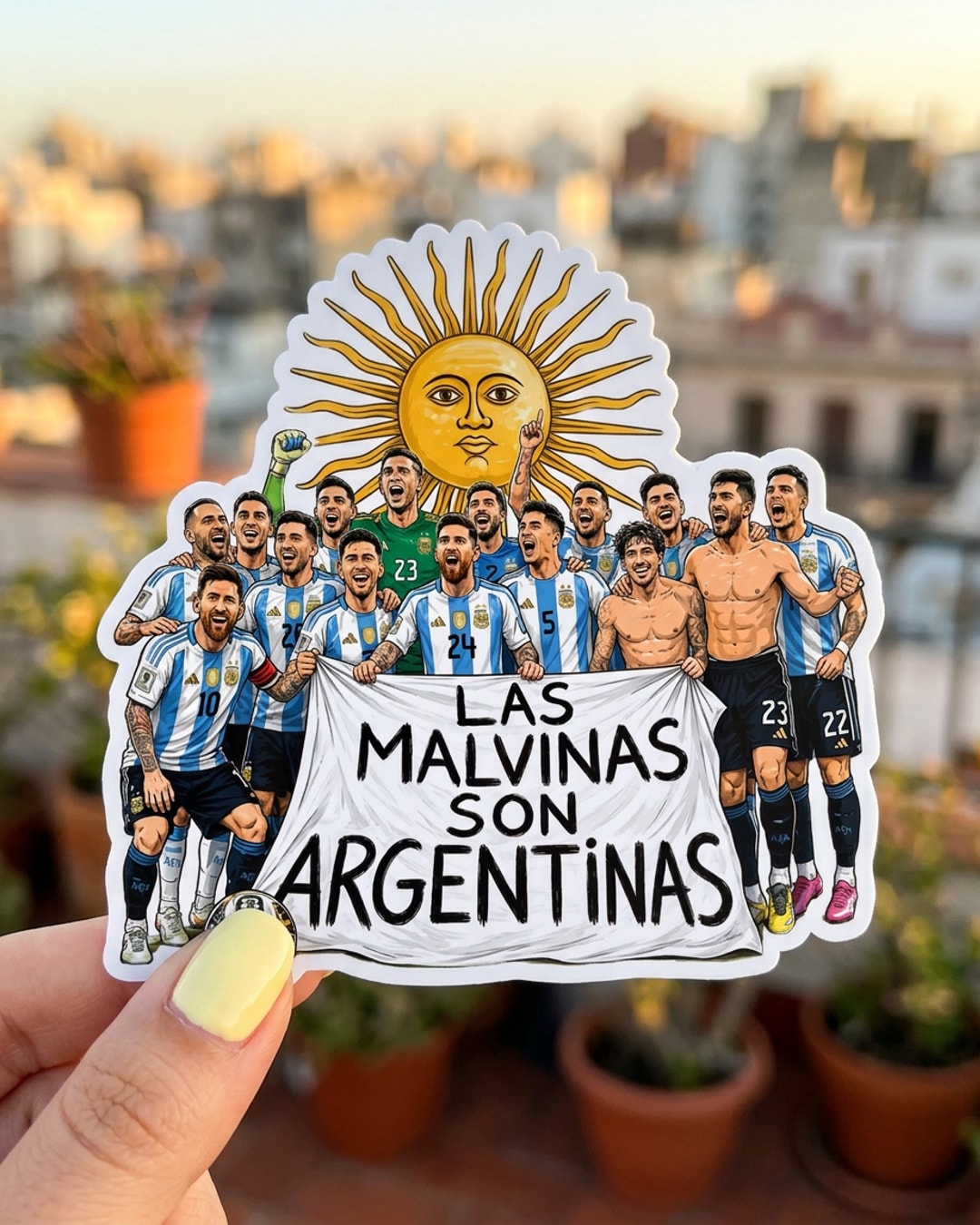 Pegatina Selección Argentina Las Malvinas son Argentinas sostenida en la mano, a tamaño real