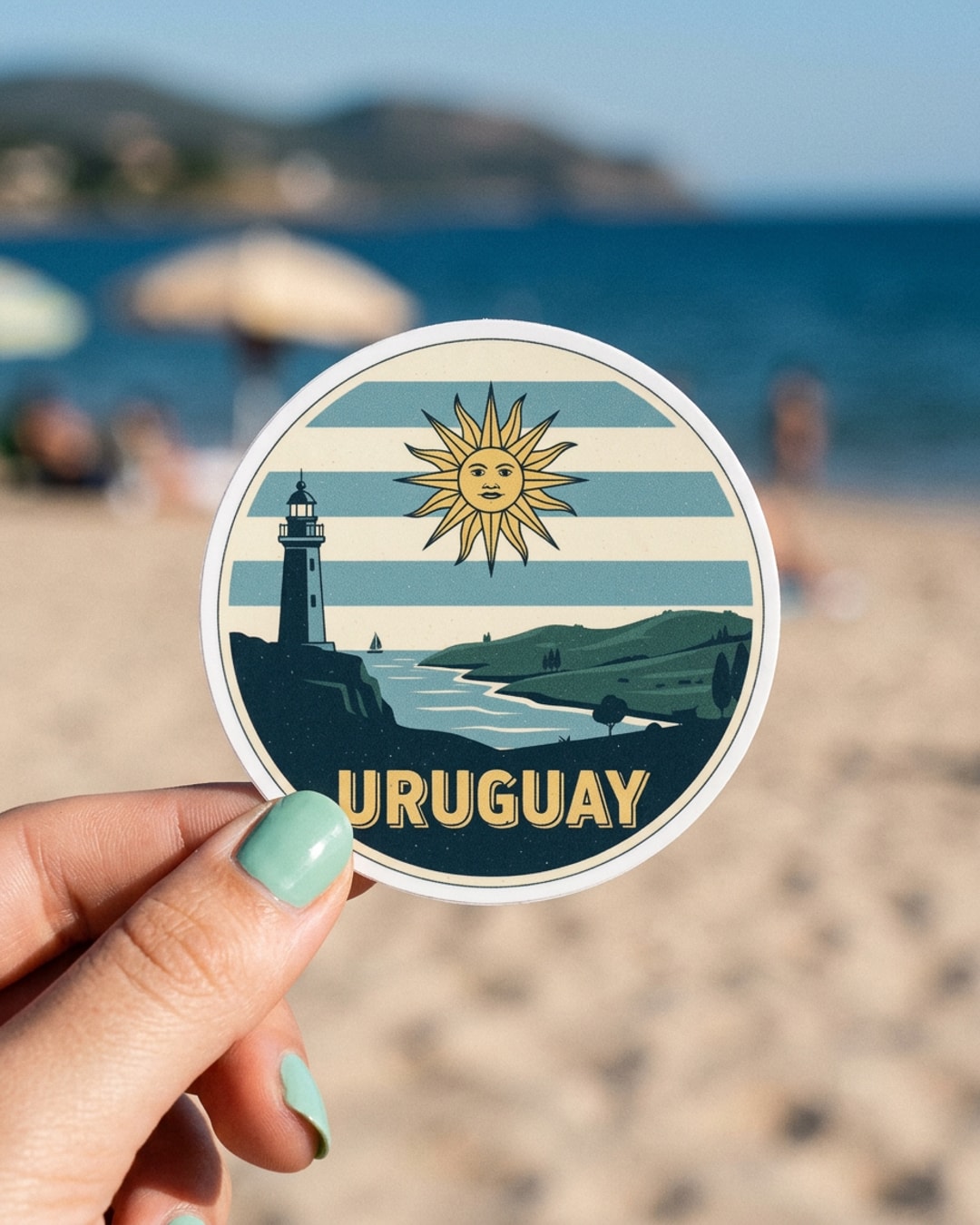 Pegatina Uruguay con paisaje de faro y sol sostenida en la mano, a tamaño real