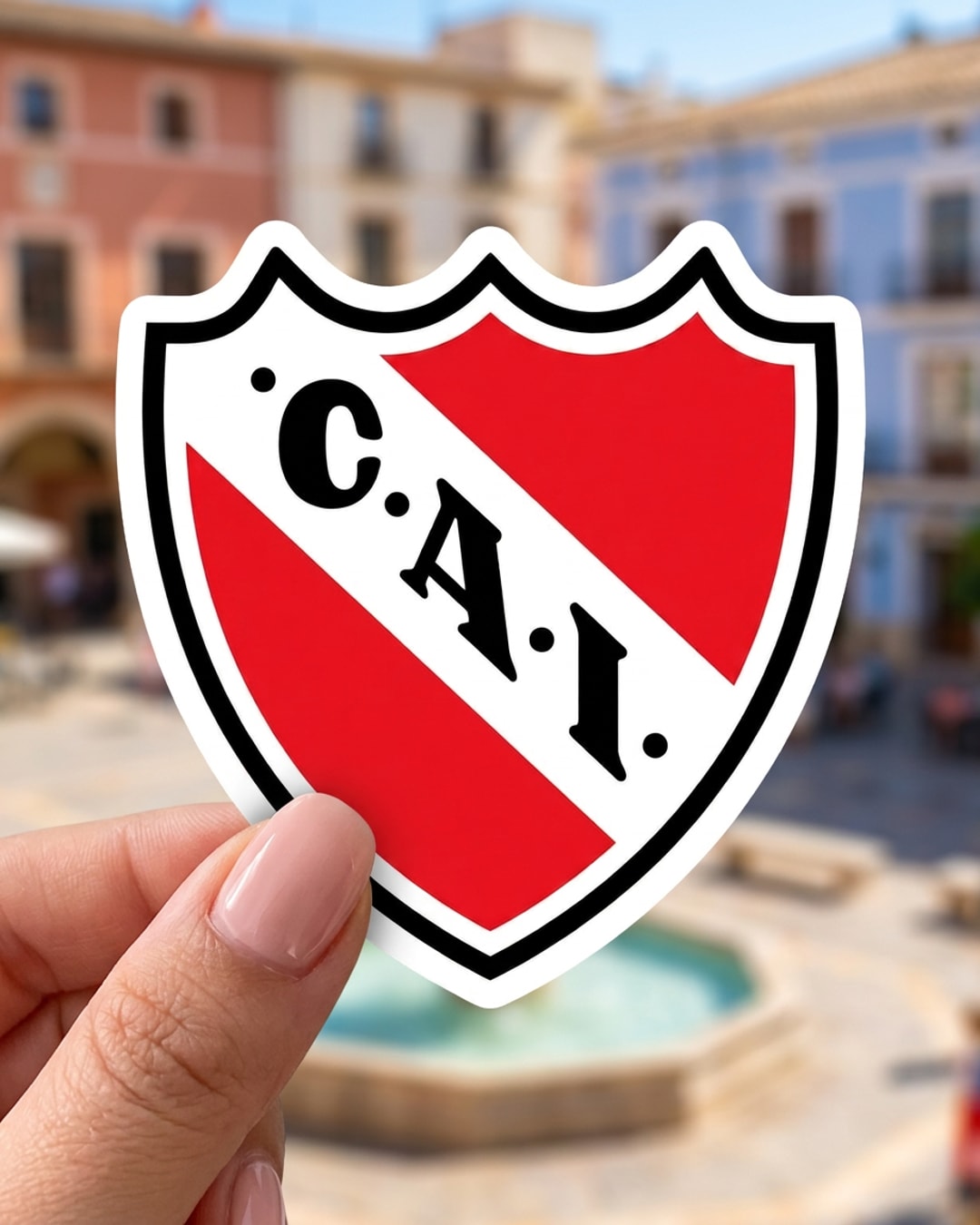 Pegatina Escudo del Club Atlético Independiente CAI sostenida en la mano, a tamaño real