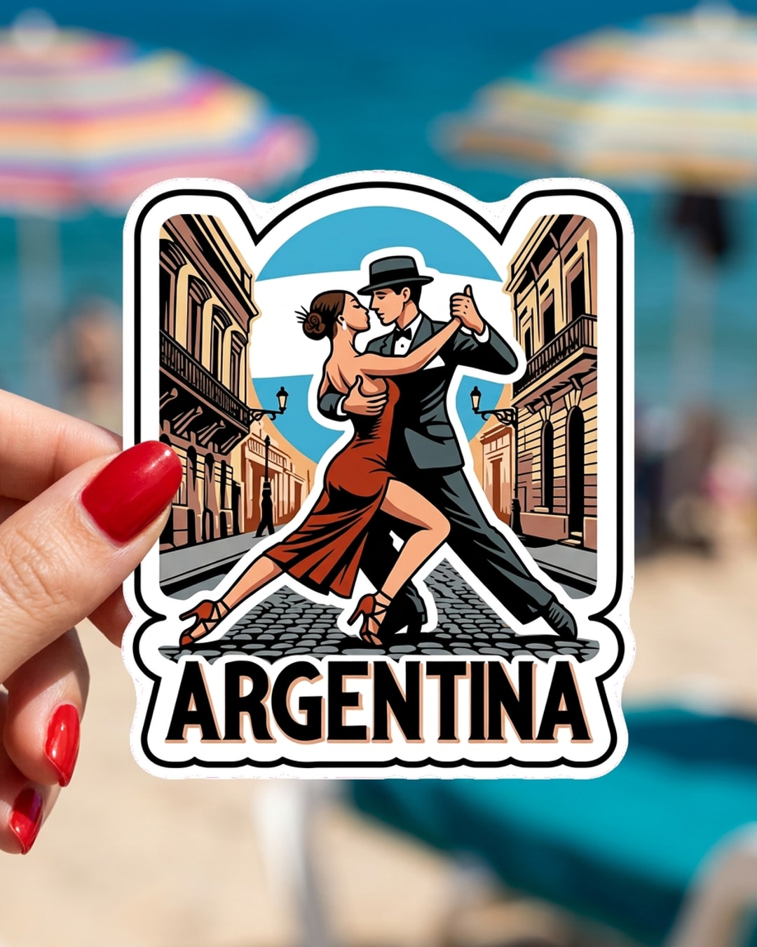 Pegatina Pareja bailando tango y letras Argentina sostenida en la mano, a tamaño real