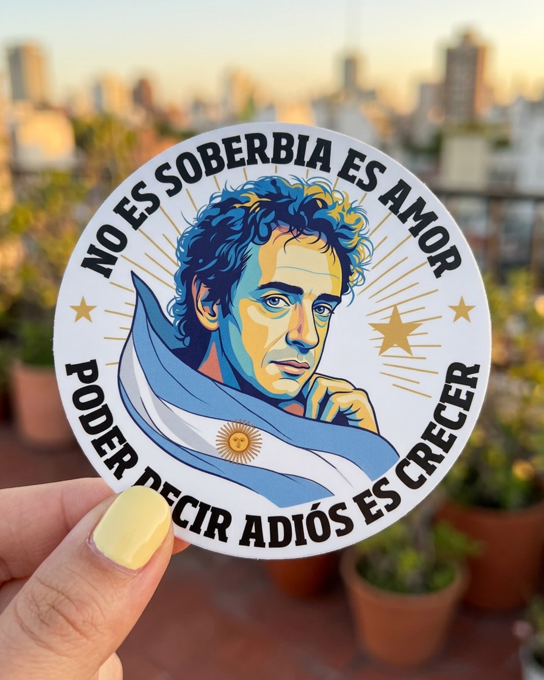 Pegatina Cerati Poder decir adiós es crecer sostenida en la mano, a tamaño real