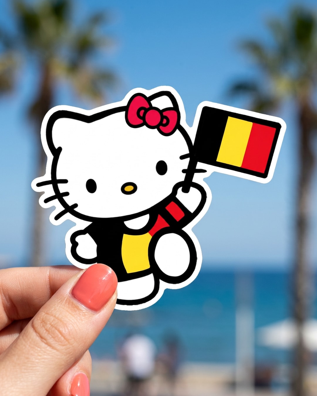 Pegatina Hello Kitty con bandera de Bélgica sostenida en la mano, a tamaño real