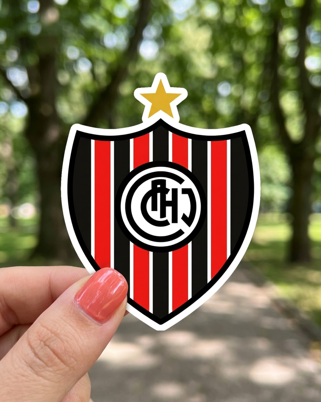 Pegatina Escudo de Chacarita Juniors sostenida en la mano, a tamaño real