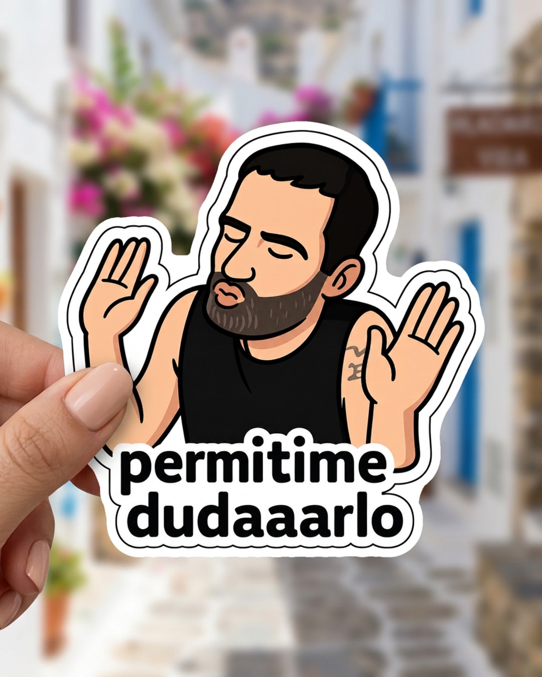Pegatina Hombre con barba permitime dudaarlo sostenida en la mano, a tamaño real