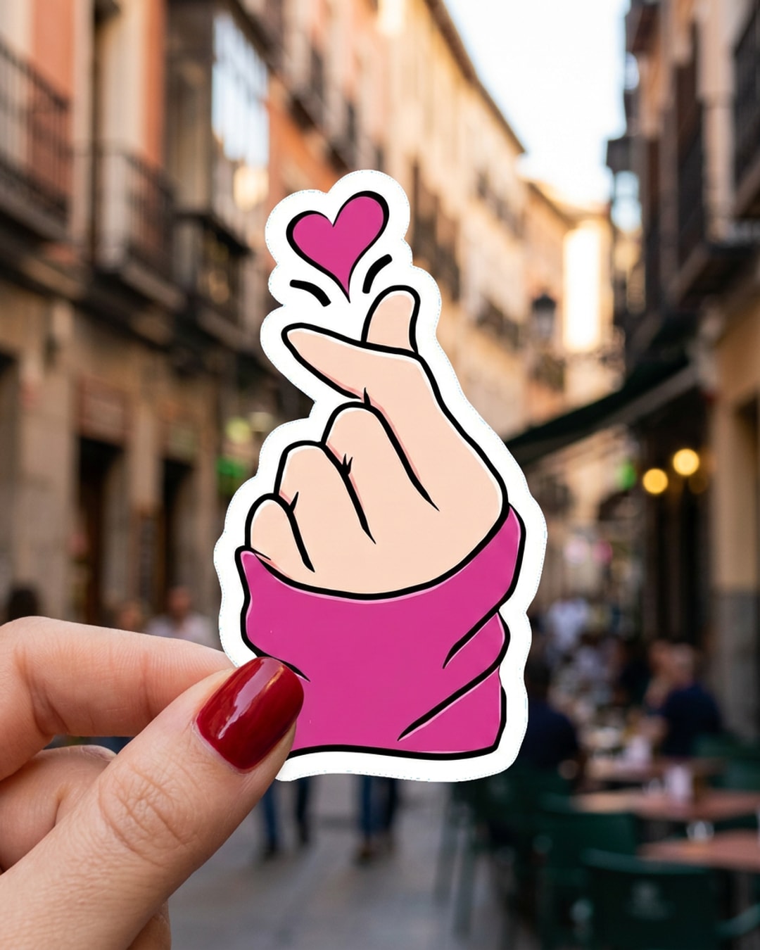 Pegatina Corazón coreano con dedos y manga rosa sostenida en la mano, a tamaño real
