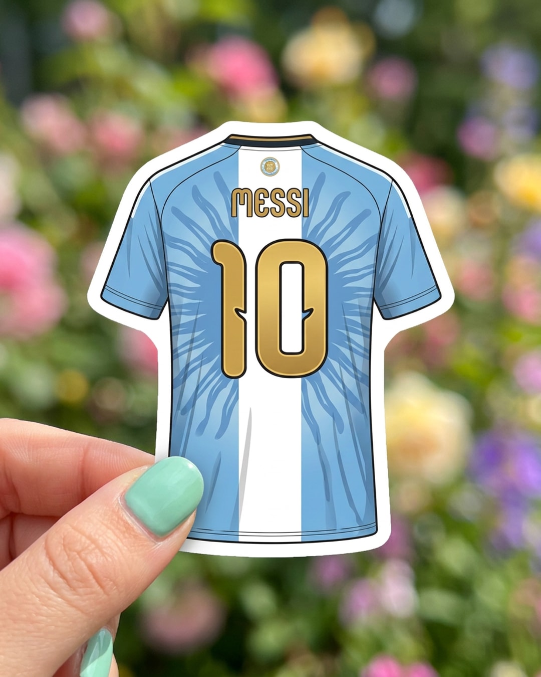 Pegatina Camiseta de Argentina Messi 10 sostenida en la mano, a tamaño real