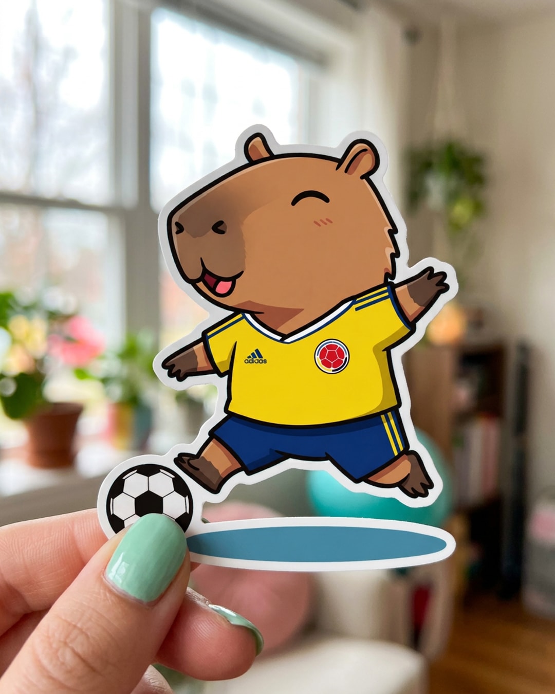 Pegatina Carpincho futbolista de Colombia sostenida en la mano, a tamaño real