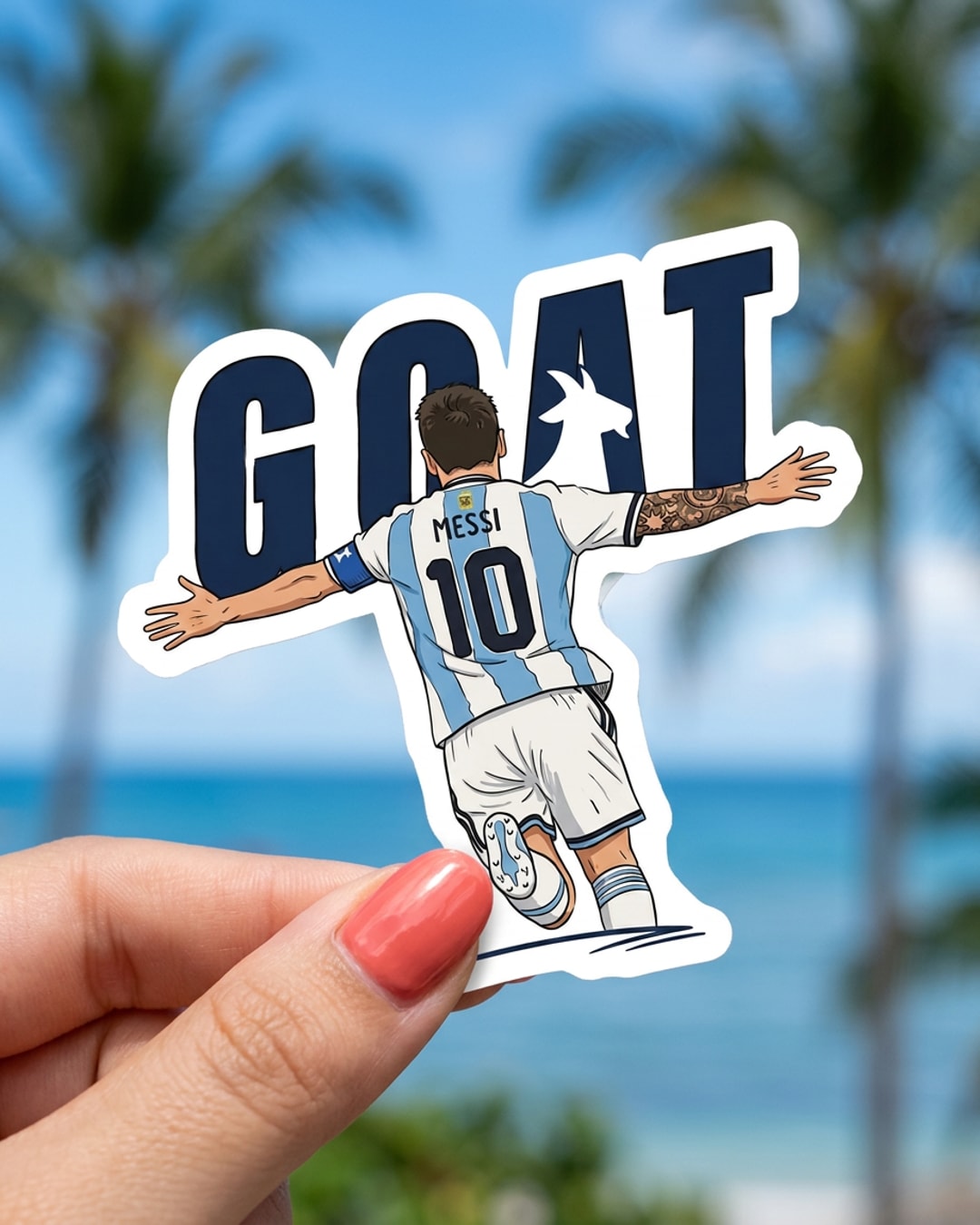 Pegatina Messi 10 Argentina celebrando con letras GOAT sostenida en la mano, a tamaño real