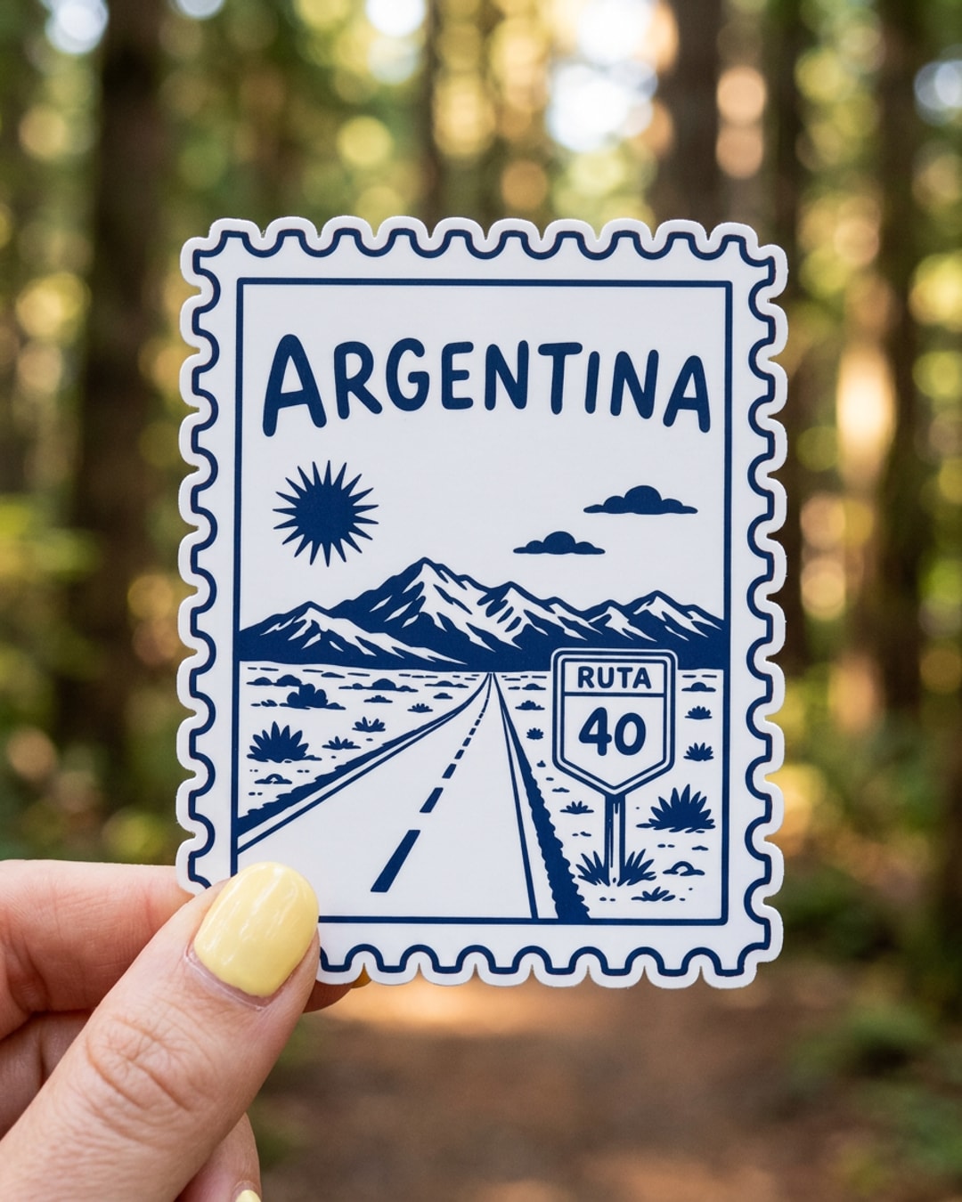 Pegatina Sello Postal de Argentina Ruta 40 sostenida en la mano, a tamaño real