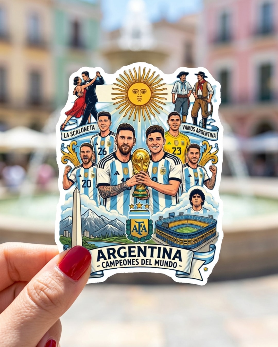 Pegatina Selección Argentina Campeones del Mundo sostenida en la mano, a tamaño real