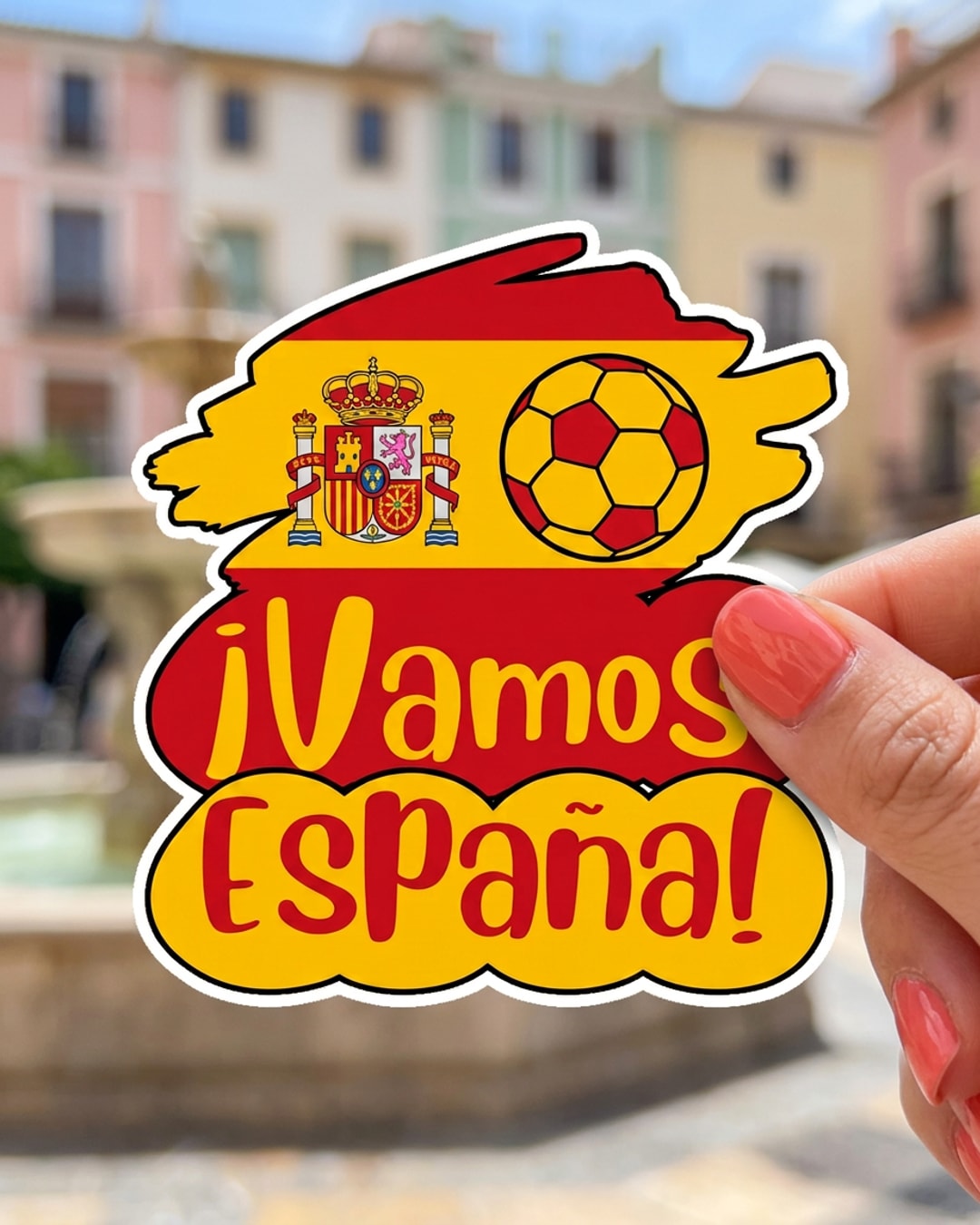 Pegatina ¡Vamos España! con bandera y balón sostenida en la mano, a tamaño real