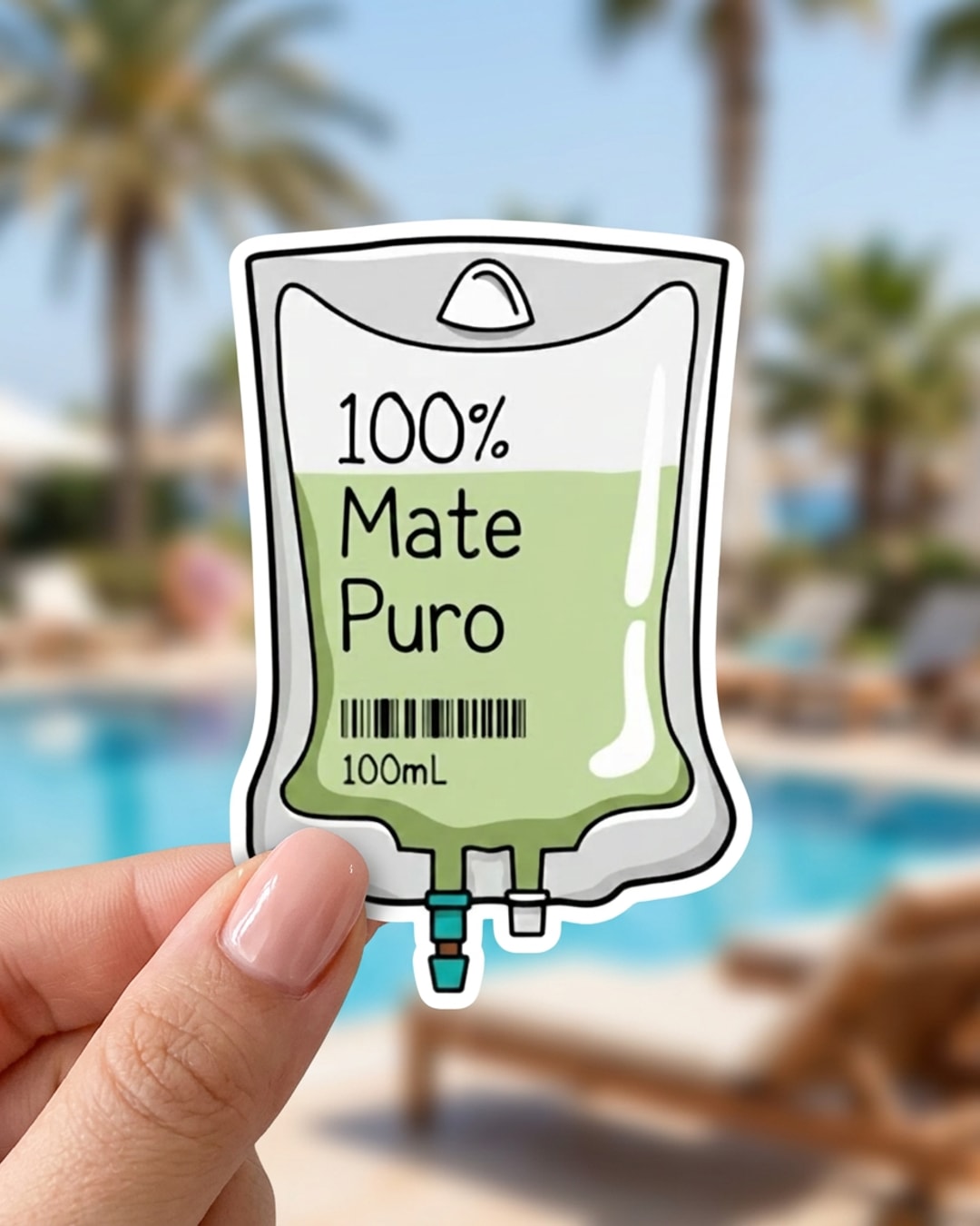 Pegatina Bolsa de Suero 100% Mate Puro sostenida en la mano, a tamaño real