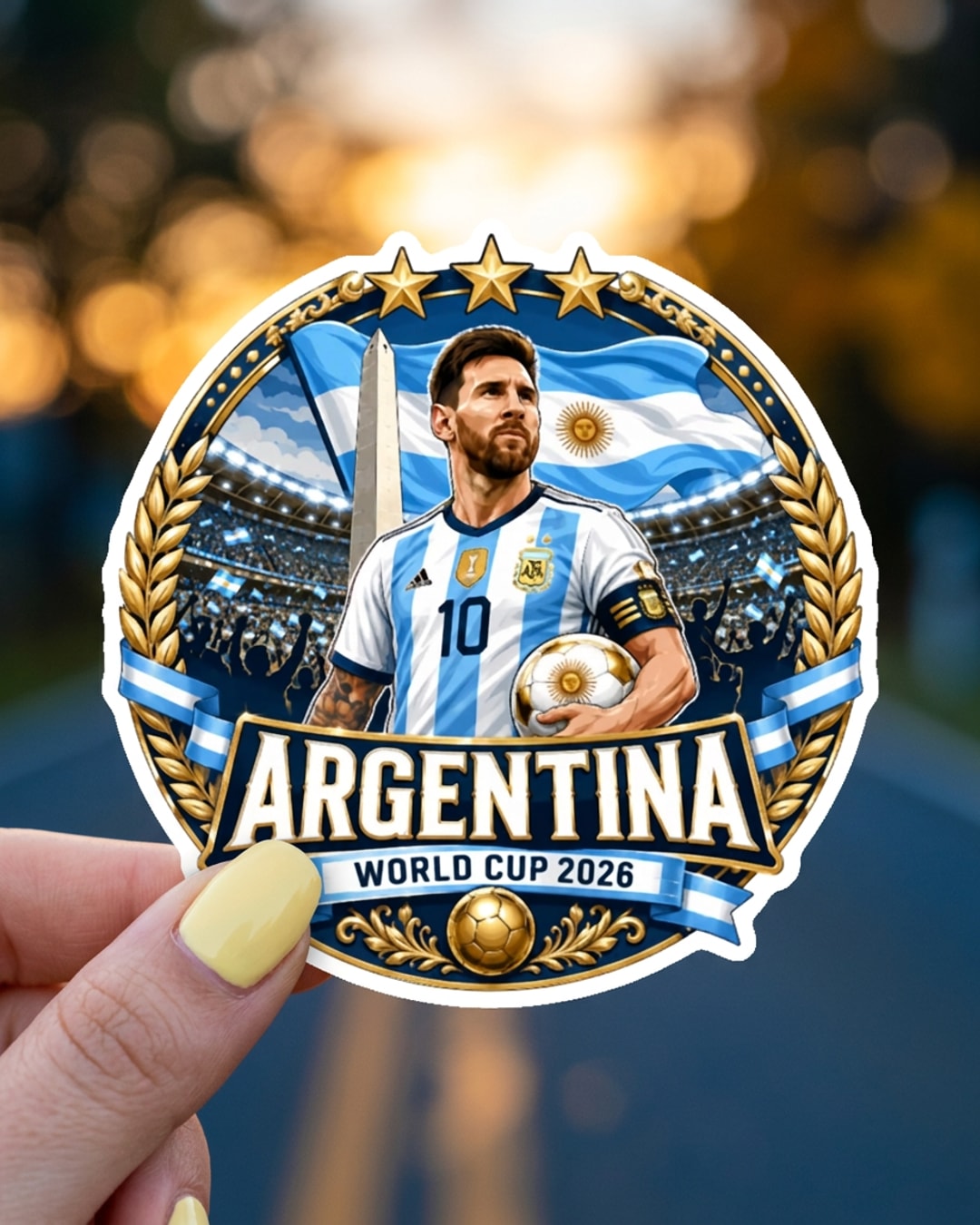 Pegatina Messi Argentina World Cup 2026 sostenida en la mano, a tamaño real