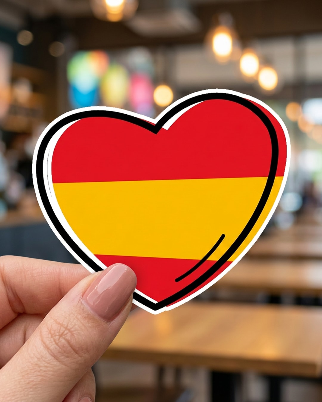 Pegatina Corazón con la bandera de España sostenida en la mano, a tamaño real