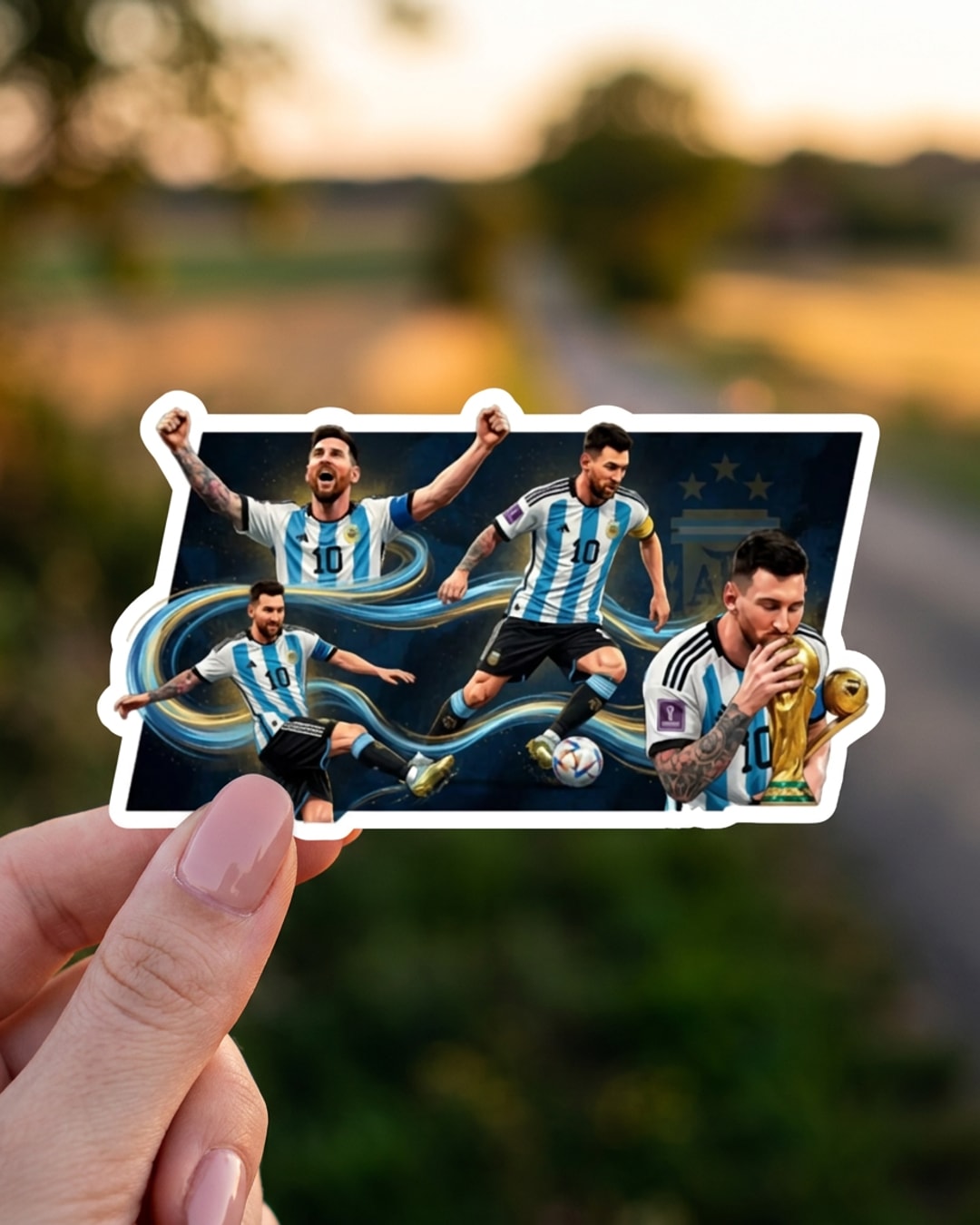 Pegatina Messi Campeón del Mundo Argentina sostenida en la mano, a tamaño real