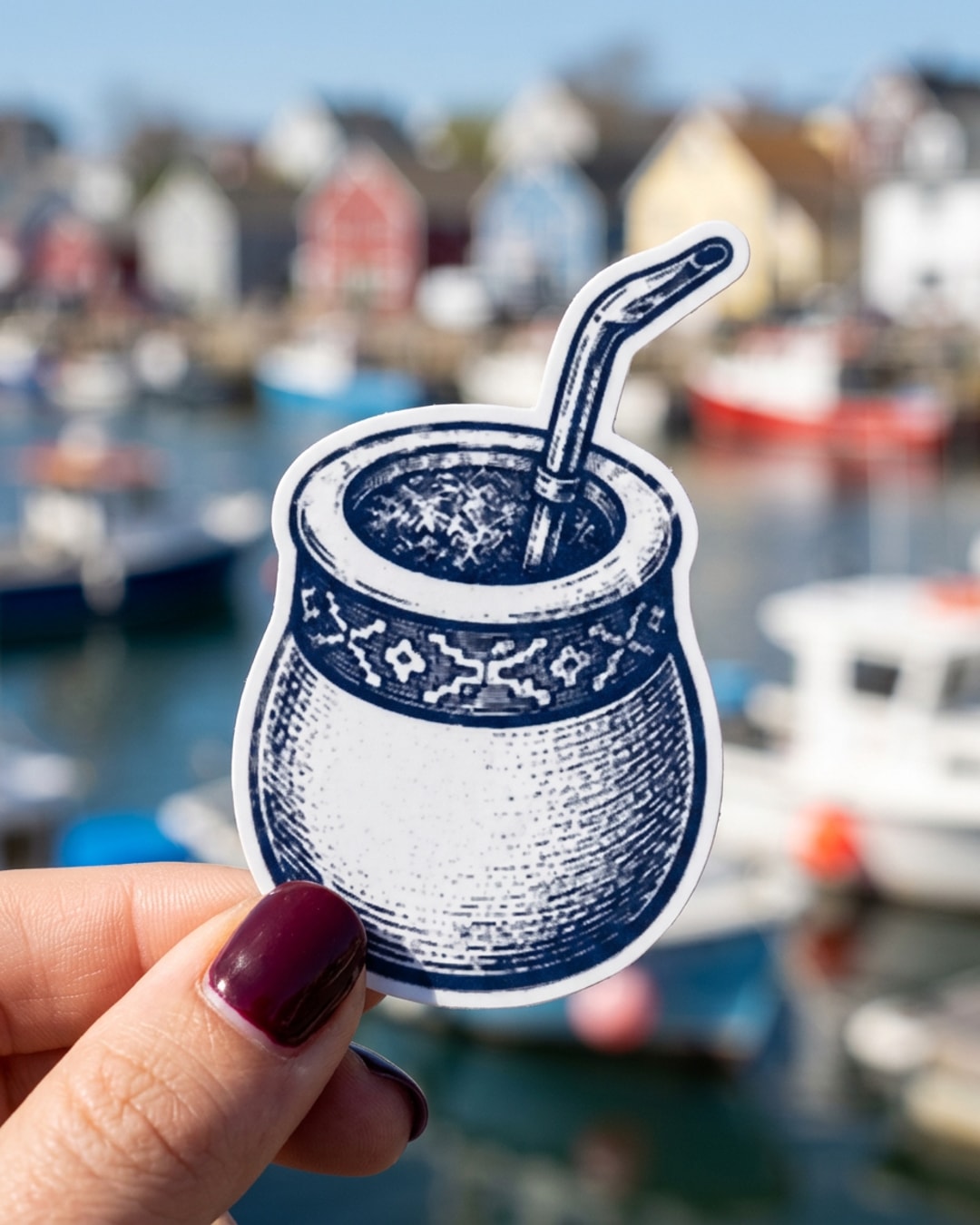 Pegatina Mate con bombilla tradicional sostenida en la mano, a tamaño real