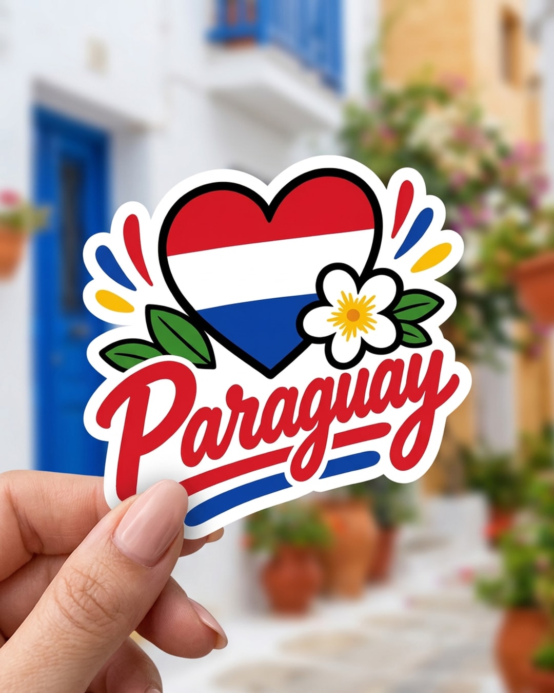 Pegatina Paraguay con corazón de bandera y flor sostenida en la mano, a tamaño real