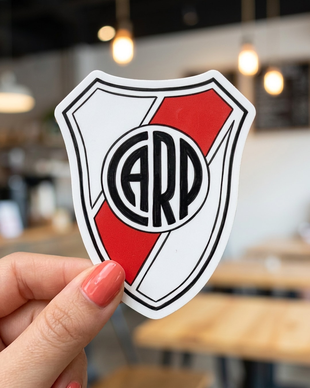 Pegatina Escudo de River Plate CARP sostenida en la mano, a tamaño real