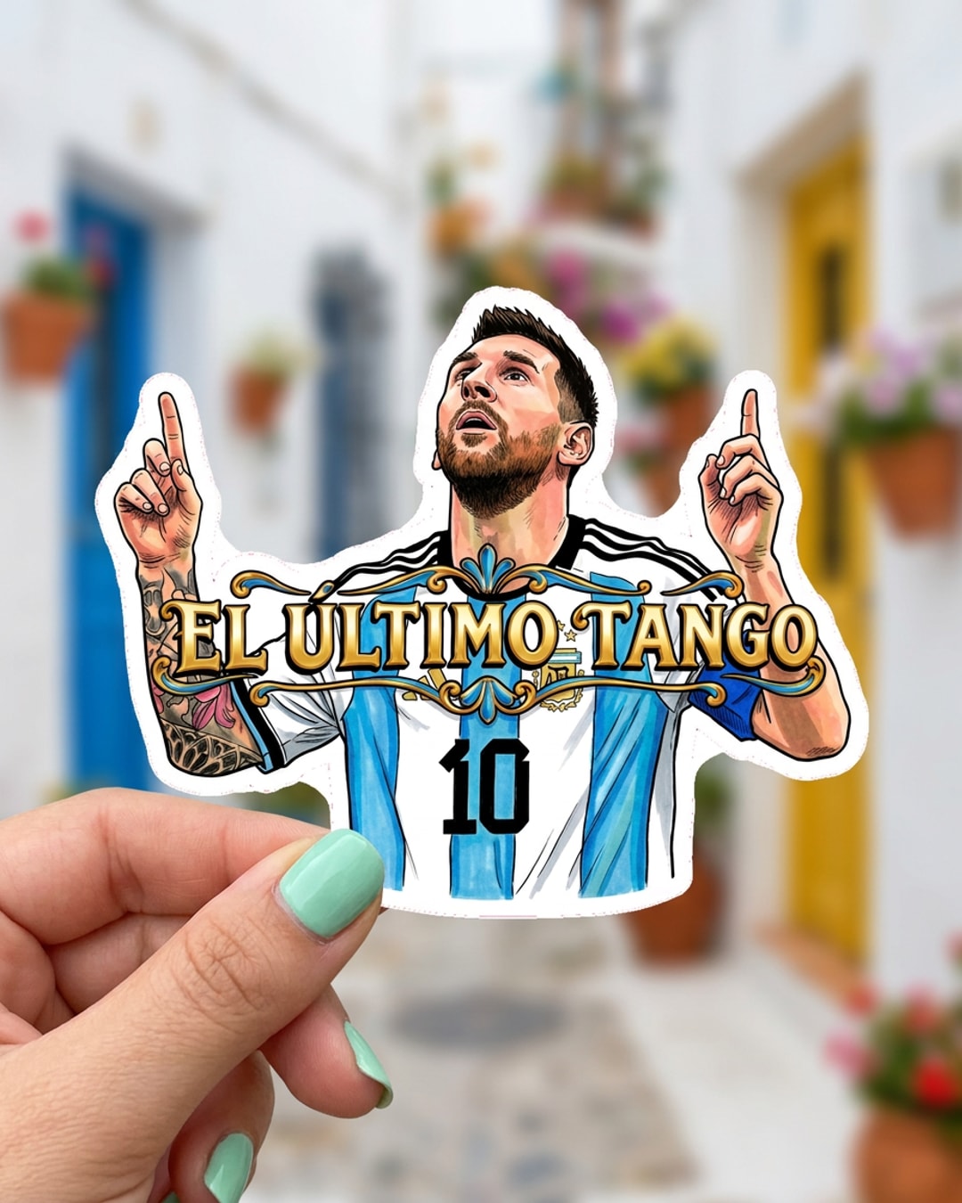 Pegatina Messi señalando al cielo El Último Tango sostenida en la mano, a tamaño real
