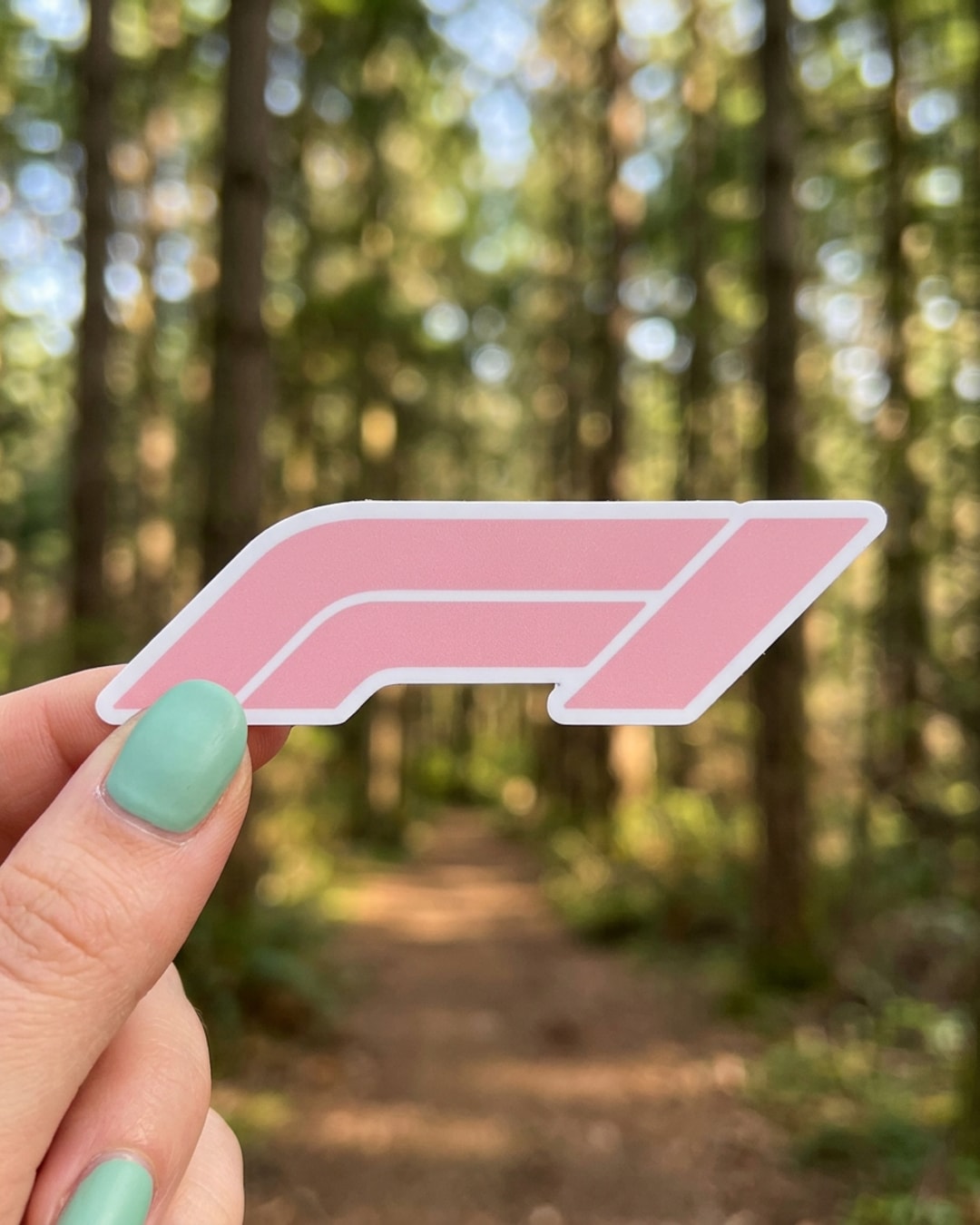 Pegatina Logo de Fórmula 1 Rosa sostenida en la mano, a tamaño real