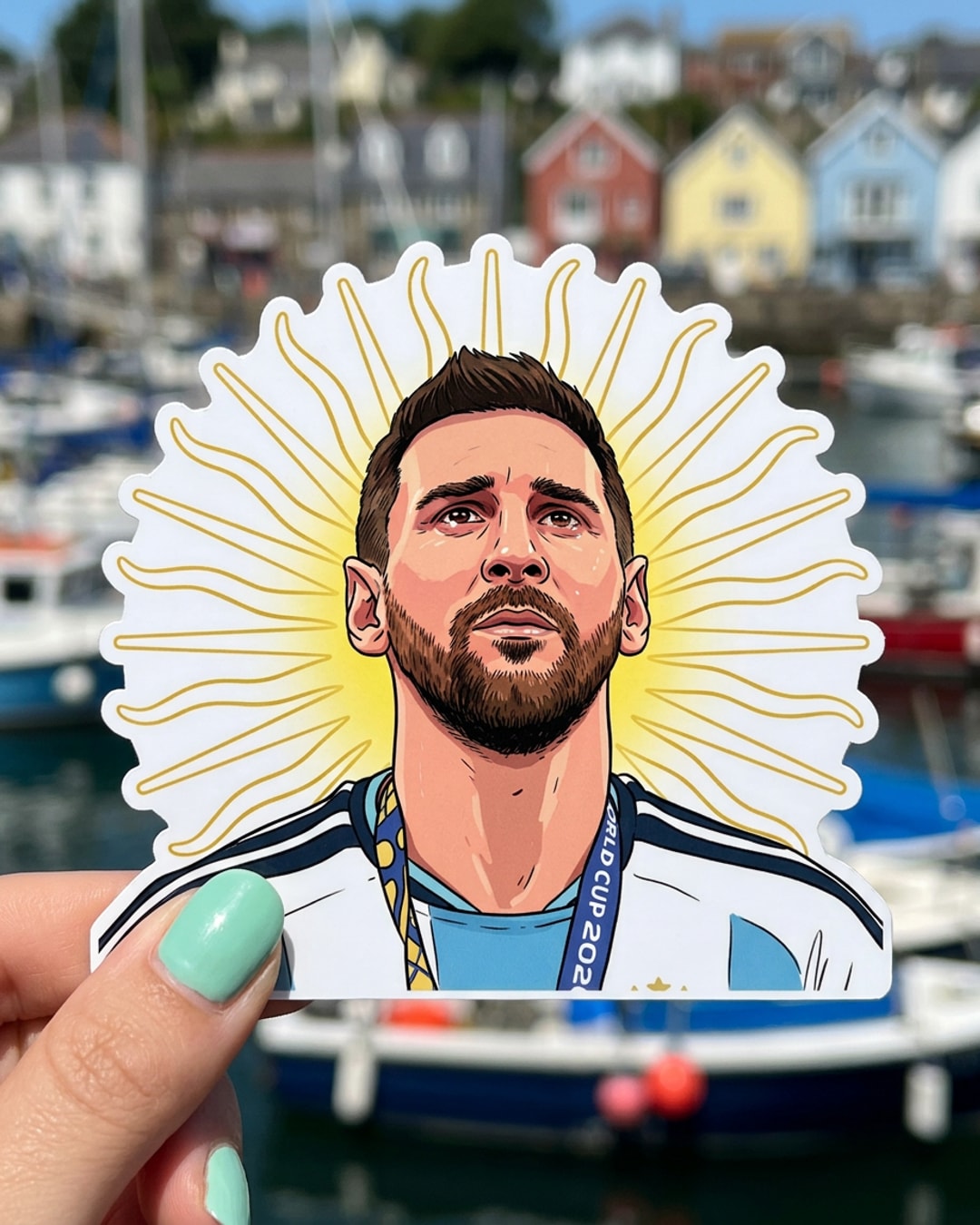 Pegatina Lionel Messi con Sol de Mayo sostenida en la mano, a tamaño real