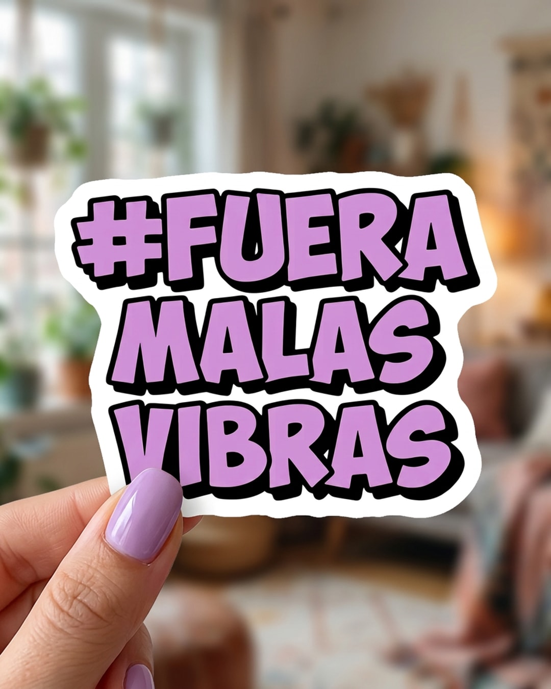 Pegatina Fuera malas vibras en letras moradas sostenida en la mano, a tamaño real