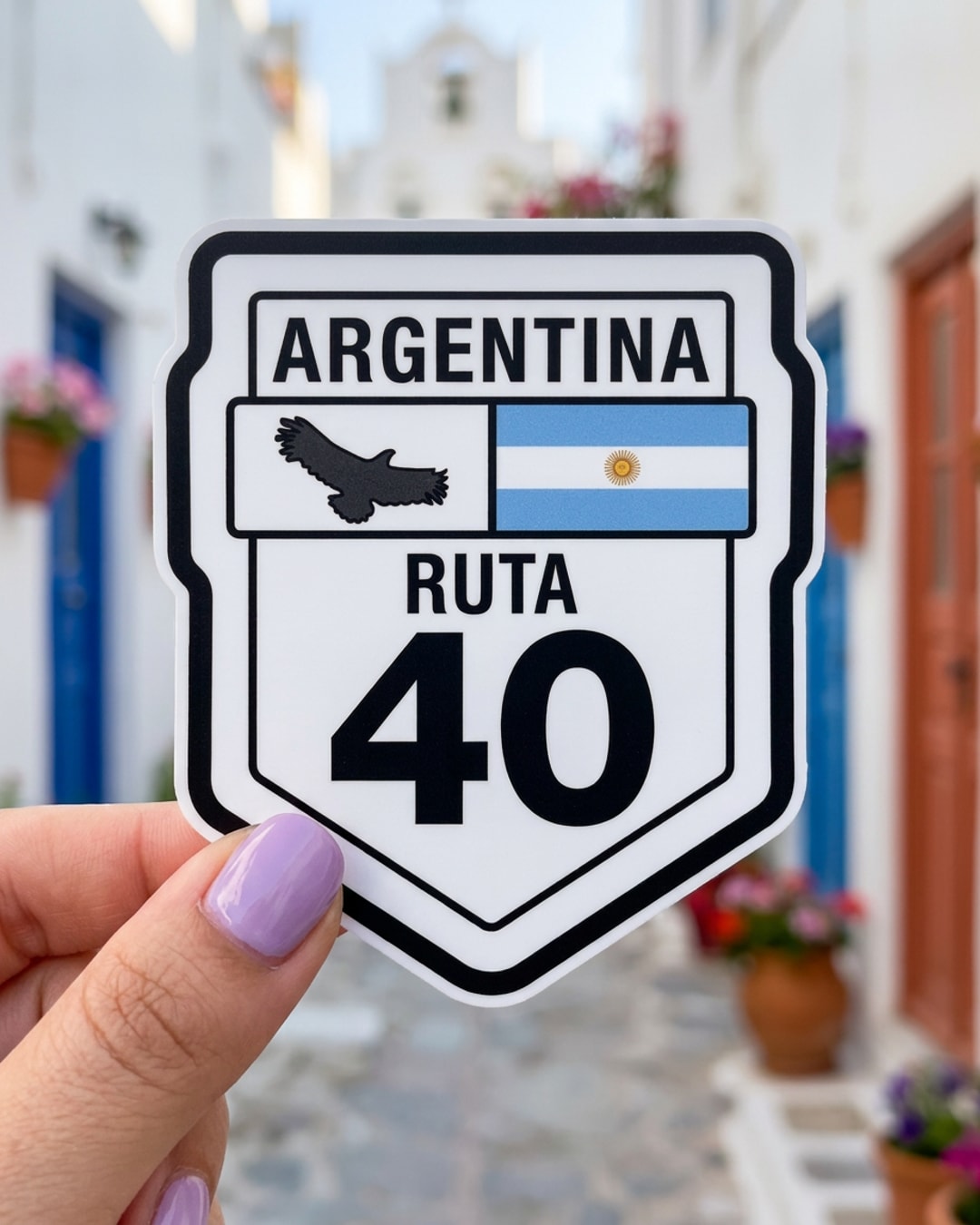 Pegatina Cartel Ruta 40 Argentina con Cóndor sostenida en la mano, a tamaño real