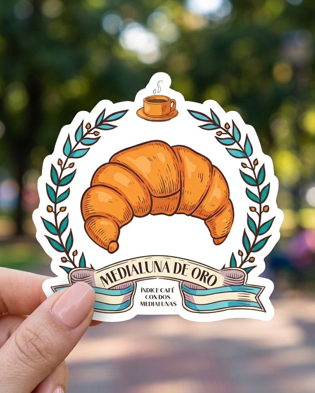 Pegatina Medialuna de Oro e Índice Café sostenida en la mano, a tamaño real