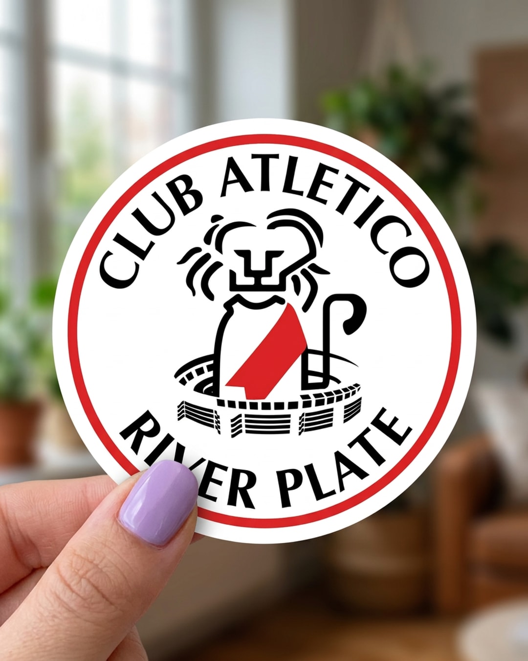 Pegatina Escudo River Plate con Leon de Caloi sostenida en la mano, a tamaño real