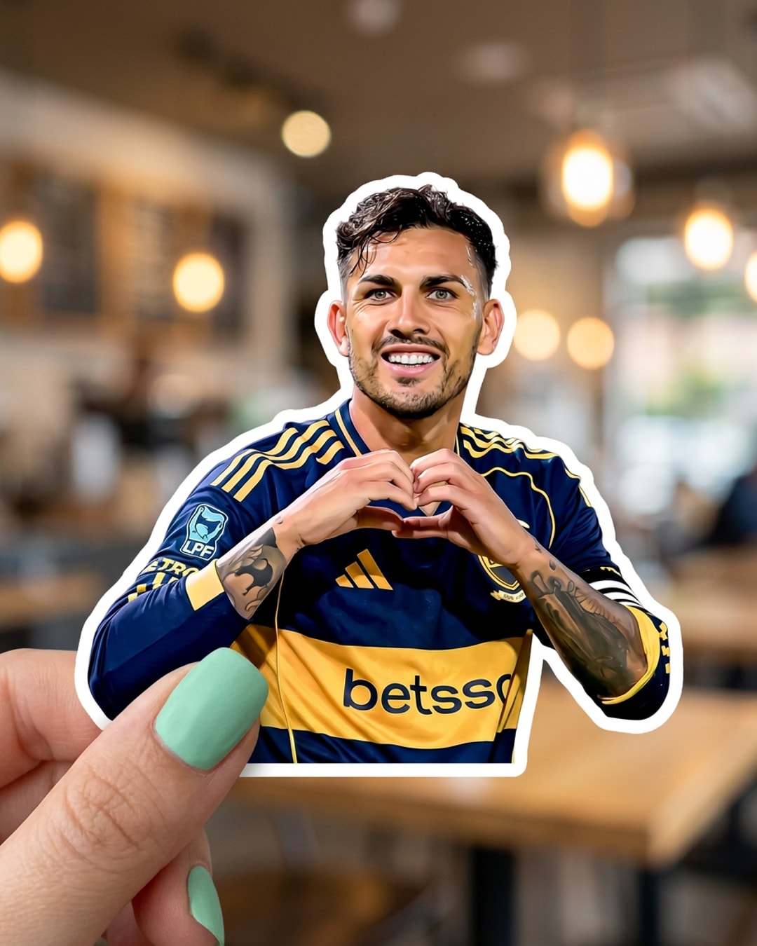 Pegatina Futbolista de Boca haciendo un corazón sostenida en la mano, a tamaño real