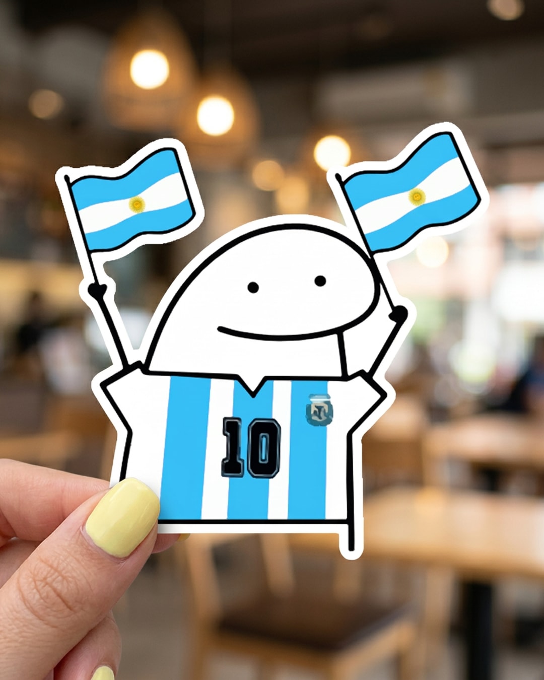Pegatina Flork argentino con camiseta 10 y banderas sostenida en la mano, a tamaño real