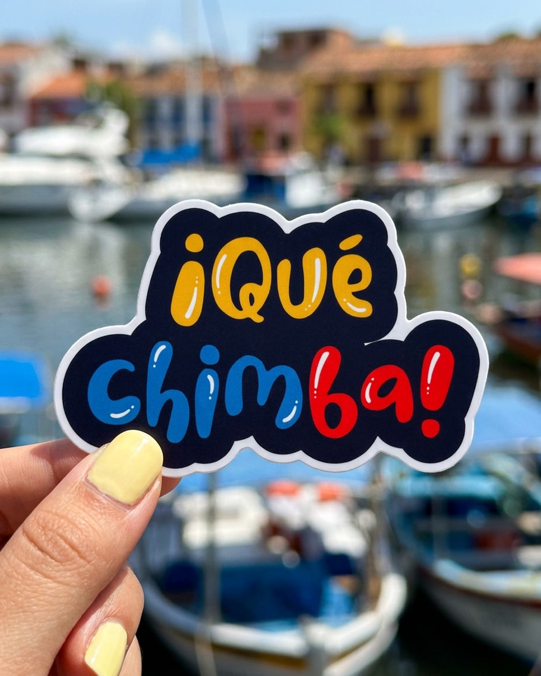 Pegatina Frase ¡Qué chimba! con colores de Colombia sostenida en la mano, a tamaño real