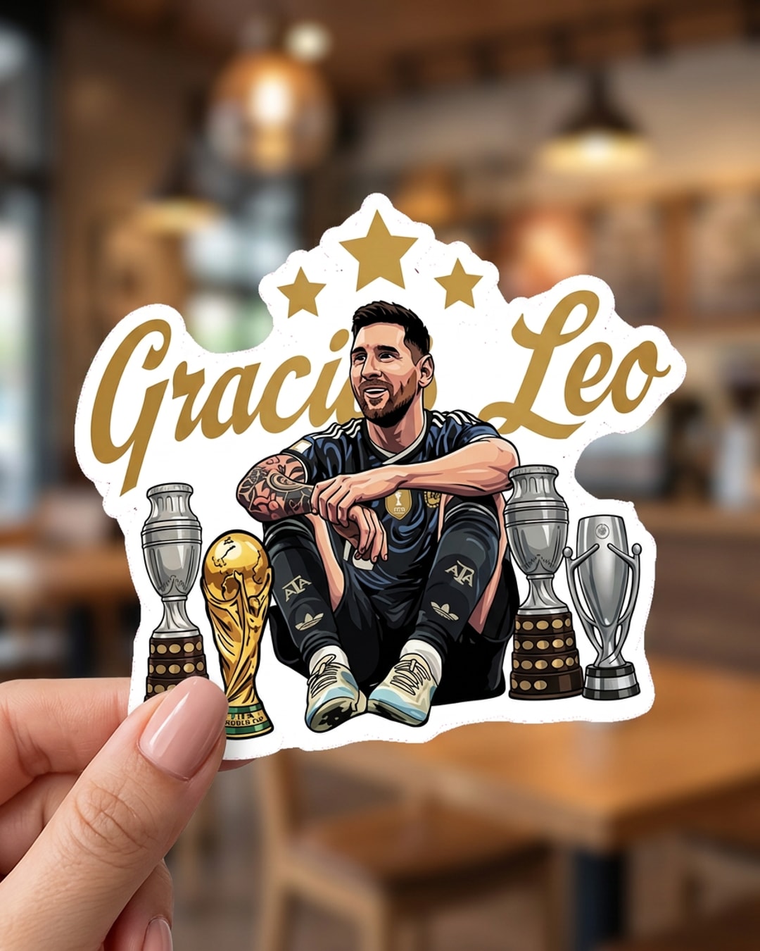 Pegatina Gracias Leo con Messi y Trofeos sostenida en la mano, a tamaño real