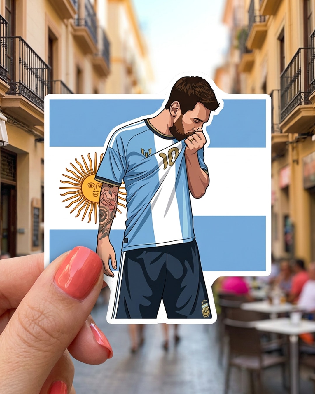 Pegatina Messi besando la camiseta de Argentina sostenida en la mano, a tamaño real