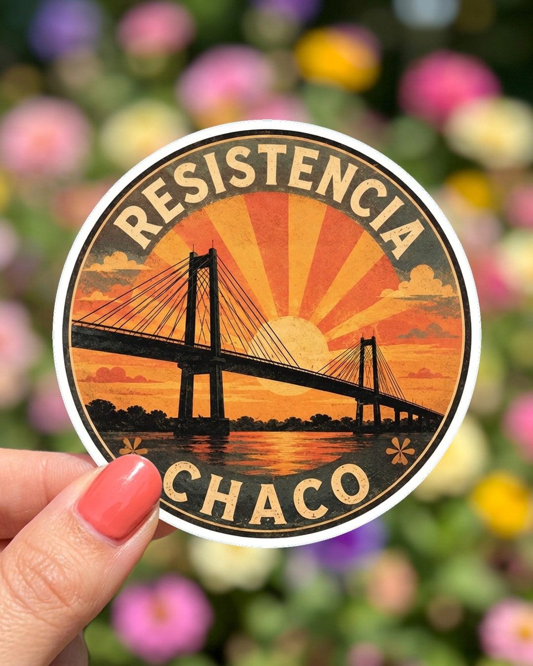 Pegatina Resistencia Chaco con puente sostenida en la mano, a tamaño real