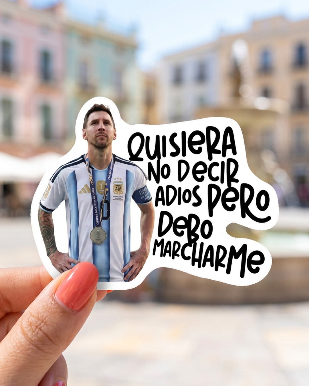 Pegatina Messi Quisiera no decir adiós sostenida en la mano, a tamaño real