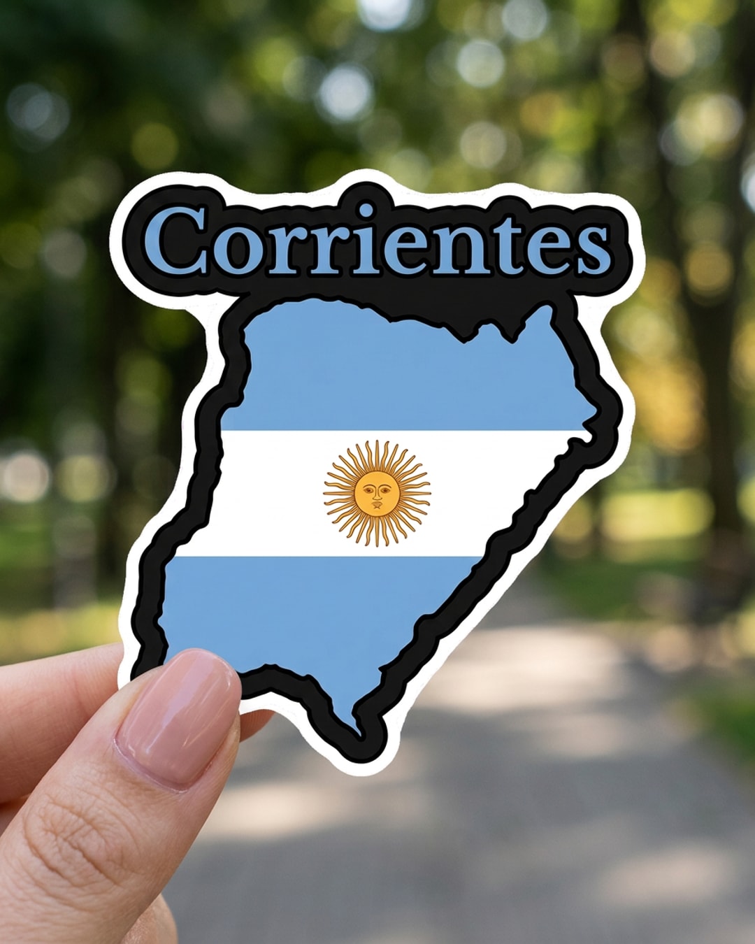 Pegatina Mapa de Corrientes con Bandera de Argentina sostenida en la mano, a tamaño real