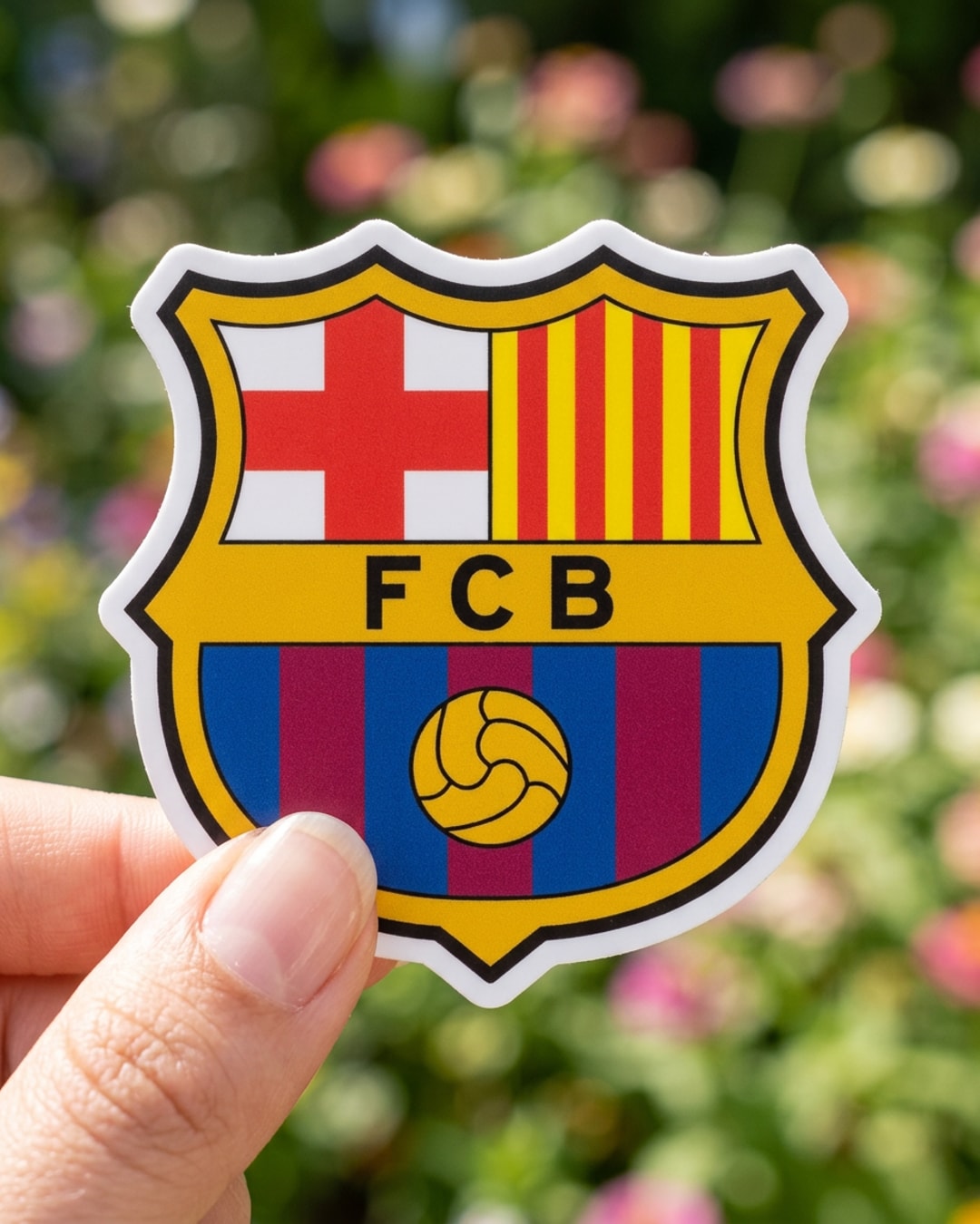 Pegatina Escudo del Fútbol Club Barcelona FCB sostenida en la mano, a tamaño real