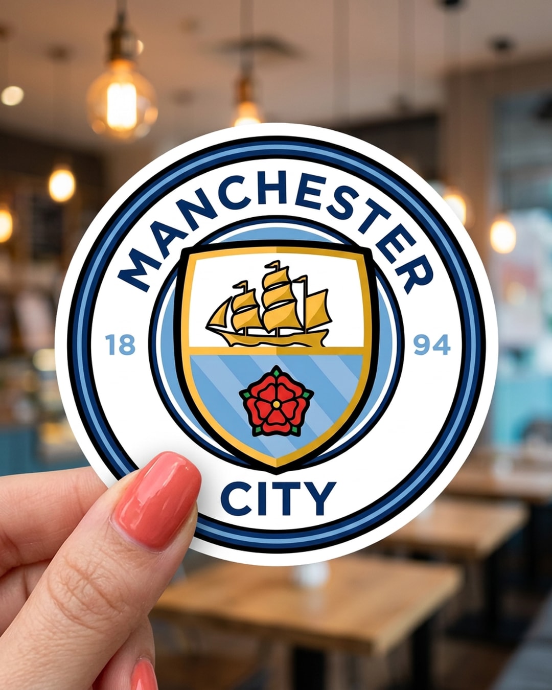 Pegatina Escudo de Manchester City sostenida en la mano, a tamaño real