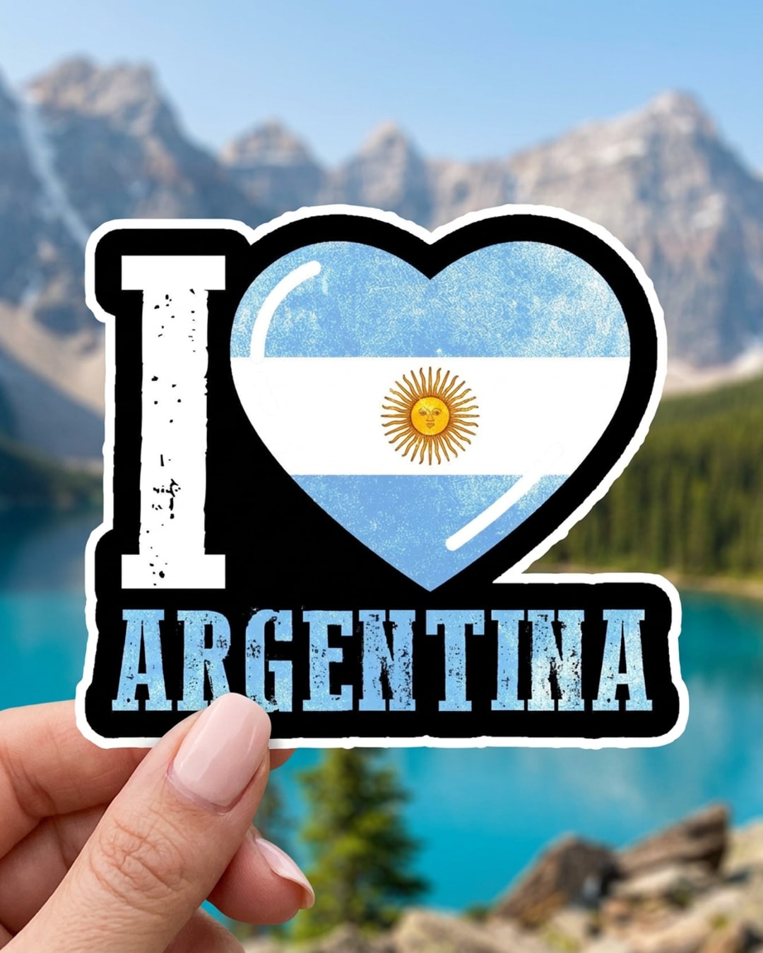 Pegatina I Love Argentina con corazón albiceleste sostenida en la mano, a tamaño real