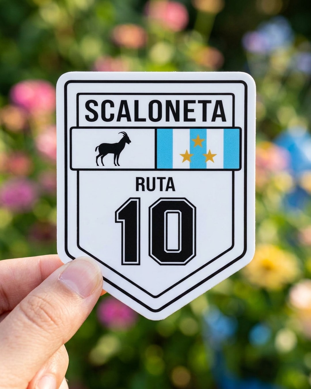 Pegatina Ruta 10 Scaloneta con cabra y estrellas sostenida en la mano, a tamaño real