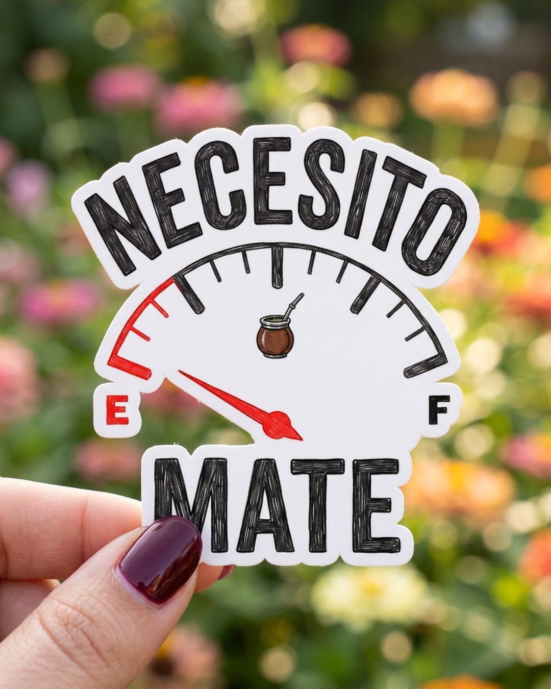 Pegatina Necesito Mate medidor de combustible vacío sostenida en la mano, a tamaño real