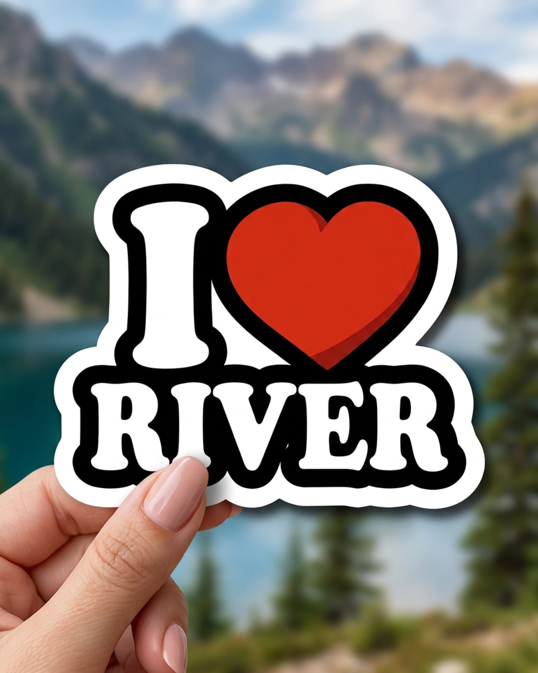 Pegatina I Love River con corazón rojo sostenida en la mano, a tamaño real